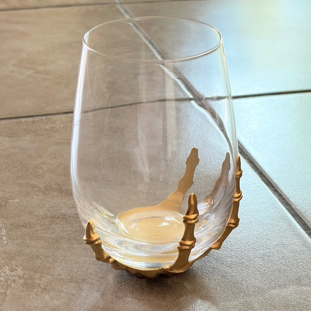 Pottery Barn Brass Skeleton Hand Stemless Wine Glass Halloween Gothic Fast Ship